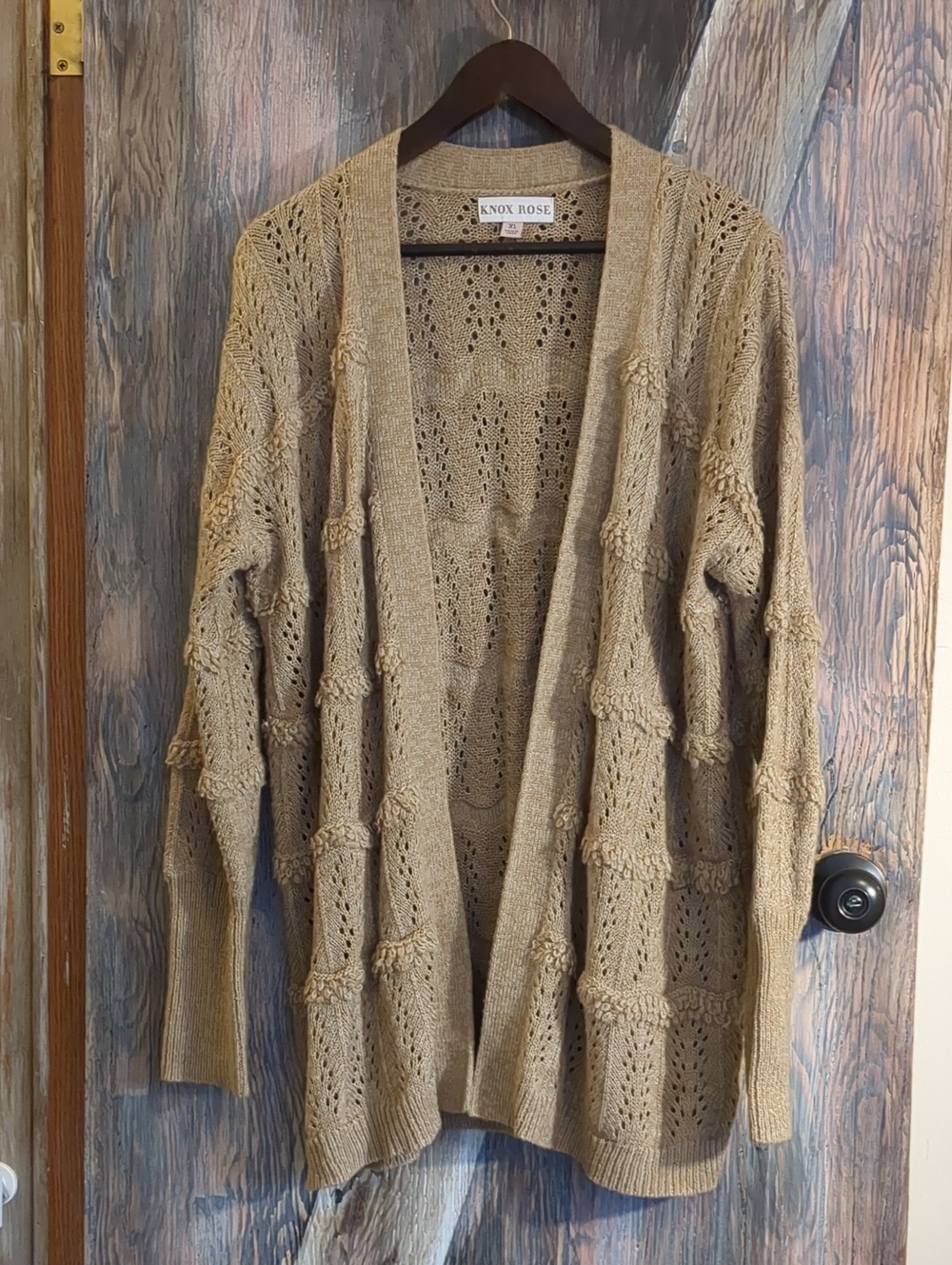 Knox Rose Tan Bobble Knit Cardigan Sweater Open Front Crochet Eyelet Boho Autumn
